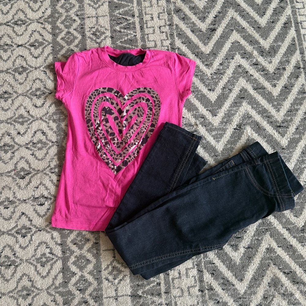 Pink heart shirt w/ cut out back and size 8 dark/glitter jeggings.